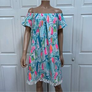 Lilly Pulitzer Off-Shoulder Sailboat Print Dress with Tassels Size Large
